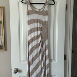 Calvin Klein Taupe and White Striped Sleeveless Maxi Dress